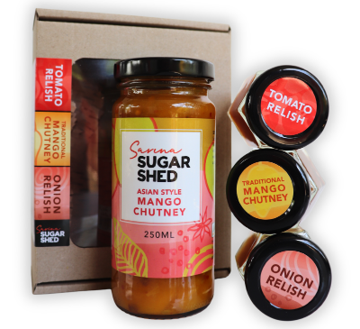 Sarina Sugar Shed chutney jar with packaging and relish containers on a white background