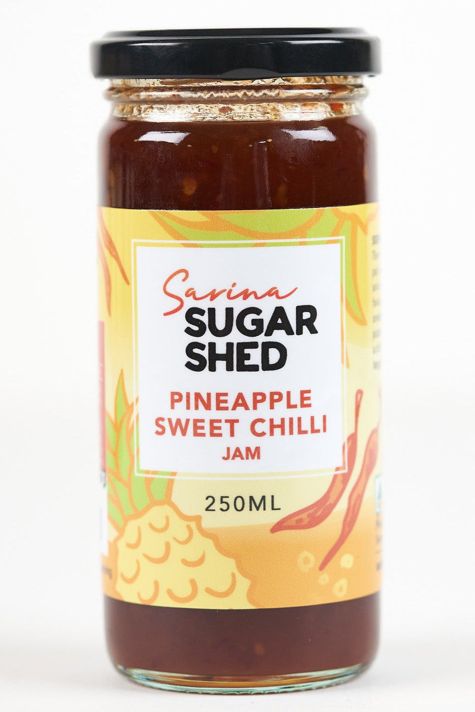 A jar of Sarina Sugar Shed Pineapple Sweet Chilli Jam with a label showing the brand name, product name, and the size of 250ml.